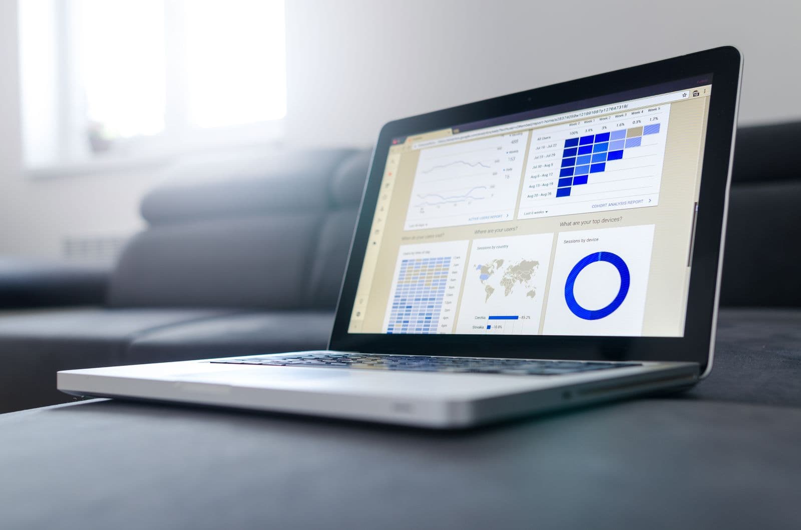Laptop screen showing a colorful analytics dashboard